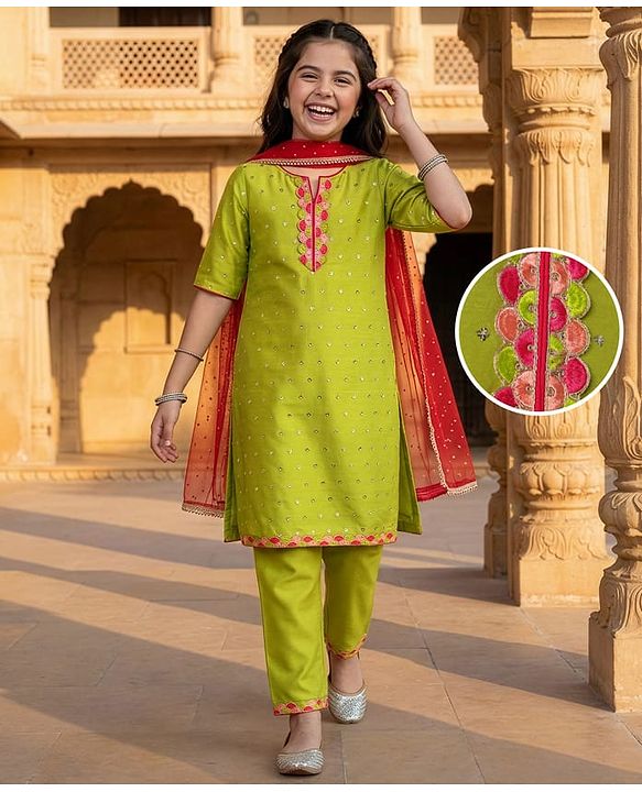 Pine Kids Woven Three Fourth Sleeves Kurta Palazzo Set with Dupatta Lace & Sequin Detailing - Green & Pink