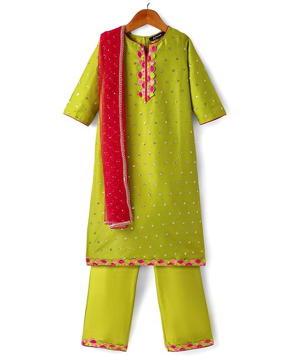 Pine Kids Woven Three Fourth Sleeves Kurta Palazzo Set with Dupatta Lace & Sequin Detailing - Green & Pink