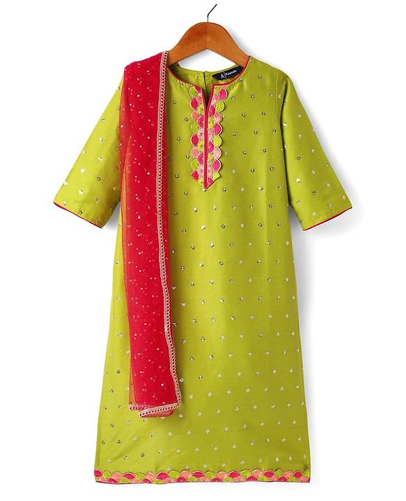 Pine Kids Woven Three Fourth Sleeves Kurta Palazzo Set with Dupatta Lace & Sequin Detailing - Green & Pink