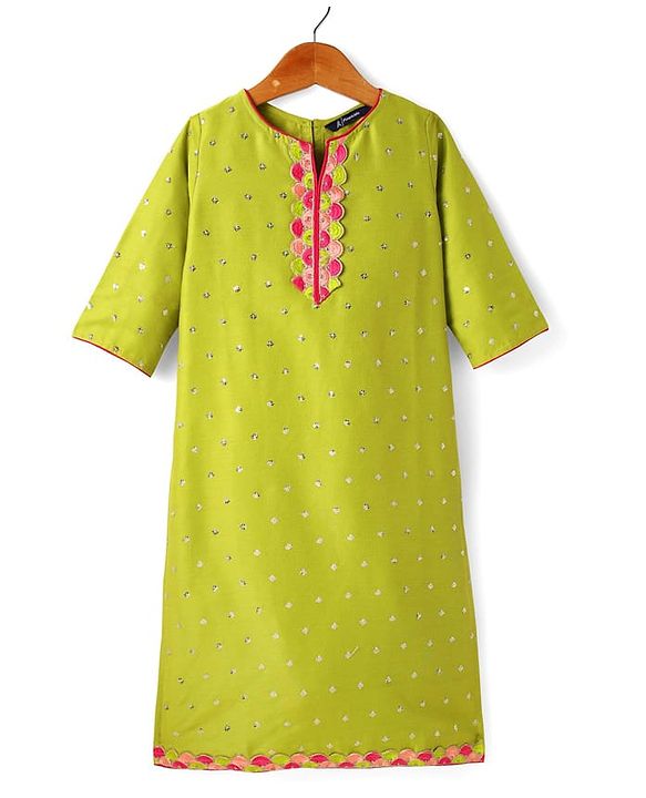 Pine Kids Woven Three Fourth Sleeves Kurta Palazzo Set with Dupatta Lace & Sequin Detailing - Green & Pink