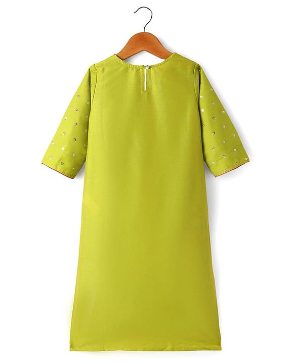 Pine Kids Woven Three Fourth Sleeves Kurta Palazzo Set with Dupatta Lace & Sequin Detailing - Green & Pink