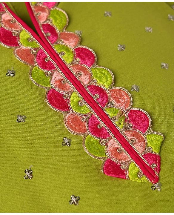 Pine Kids Woven Three Fourth Sleeves Kurta Palazzo Set with Dupatta Lace & Sequin Detailing - Green & Pink
