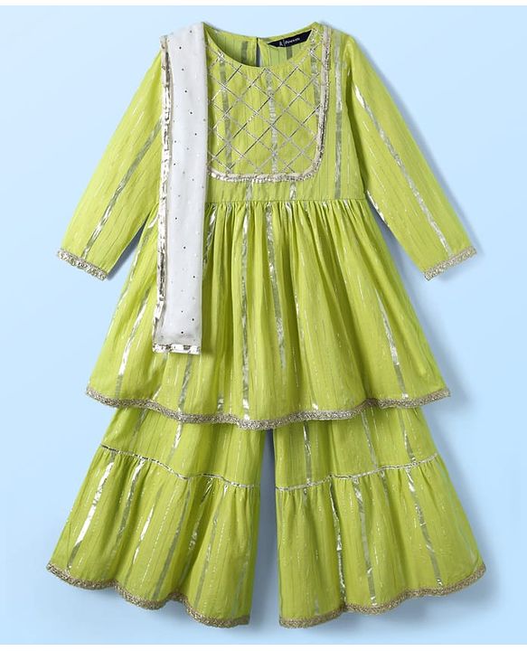 Pine Kids Woven Full Sleeves Kurta & Sharara Set With Dupatta With Lace Detailing - Yellow