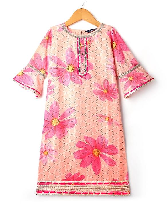 Pine Kids Woven Three Fourth Sleeves Floral Printed Kurta Churidar Set With Dupatta - Pink