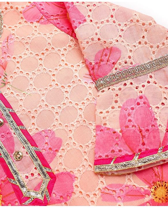 Pine Kids Woven Three Fourth Sleeves Floral Printed Kurta Churidar Set With Dupatta - Pink
