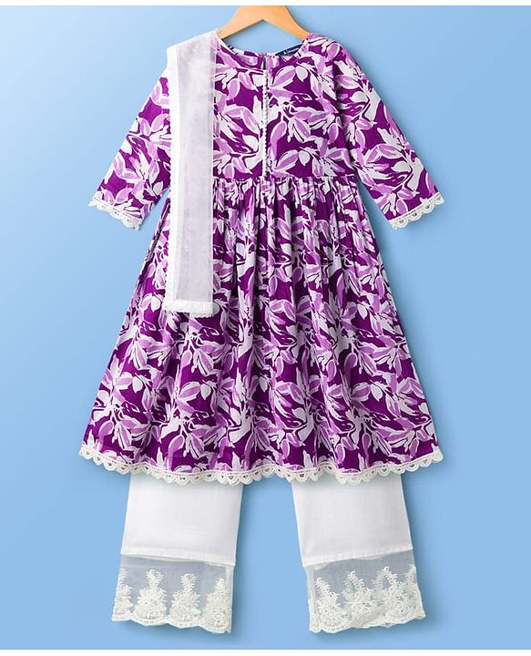Pine Kids Cotton Woven Three Fourth Sleeves Floral Printed Kurta Salwar & Dupatta Set - Purple