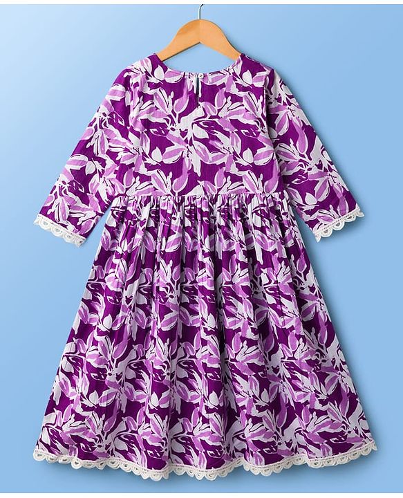 Pine Kids Cotton Woven Three Fourth Sleeves Floral Printed Kurta Salwar & Dupatta Set - Purple