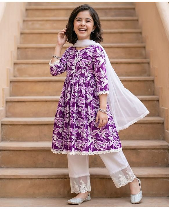 Pine Kids Cotton Woven Three Fourth Sleeves Floral Printed Kurta Salwar & Dupatta Set - Purple