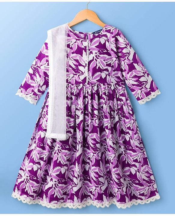 Pine Kids Cotton Woven Three Fourth Sleeves Floral Printed Kurta Salwar & Dupatta Set - Purple