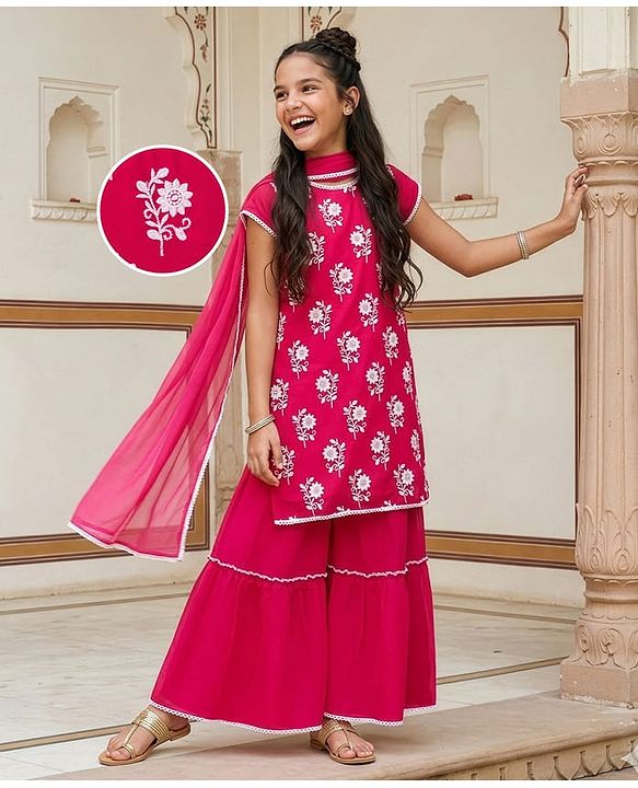 Pine Kids Woven Cap Sleeves Kurta Gharara & Dupatta Set With Floral Print - Red
