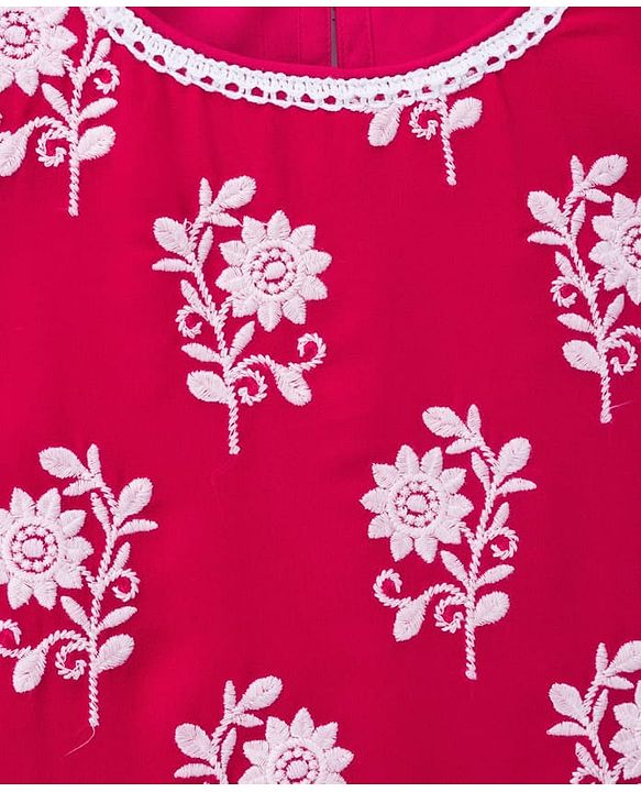 Pine Kids Woven Cap Sleeves Kurta Gharara & Dupatta Set With Floral Print - Red