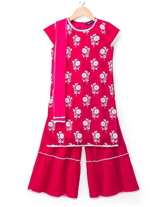 Pine Kids Woven Cap Sleeves Kurta Gharara & Dupatta Set With Floral Print - Red