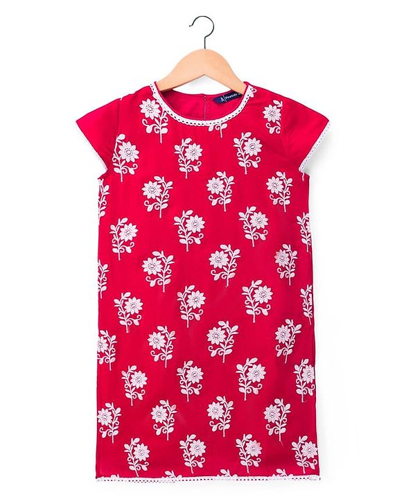 Pine Kids Woven Cap Sleeves Kurta Gharara & Dupatta Set With Floral Print - Red