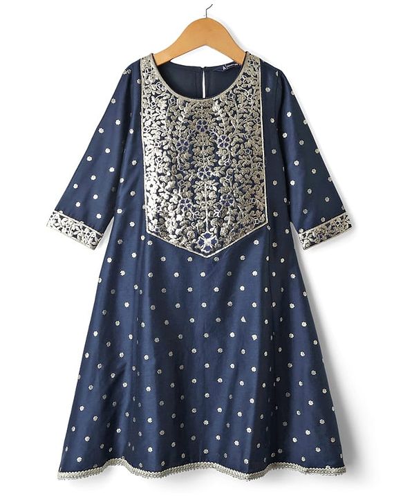 Pine Kids Woven Three Fourth Sleeves Glitter Printed Kurti Salwar Set with Dupatta & Embroidery - Navy Blue