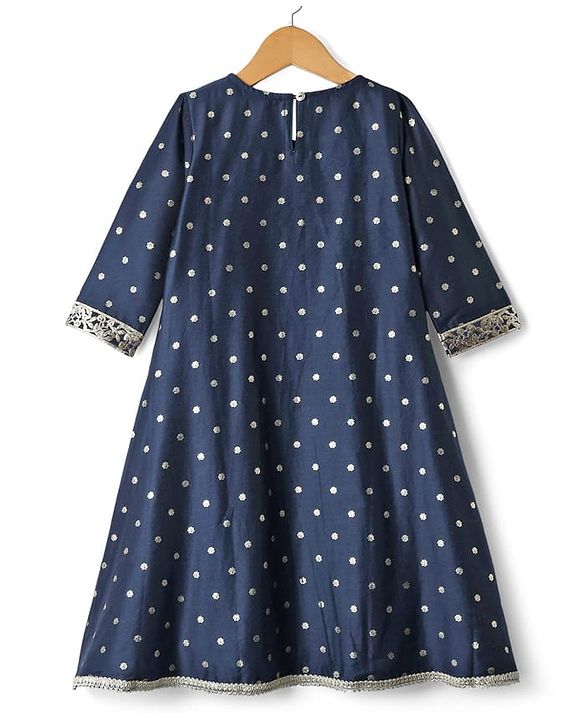 Pine Kids Woven Three Fourth Sleeves Glitter Printed Kurti Salwar Set with Dupatta & Embroidery - Navy Blue