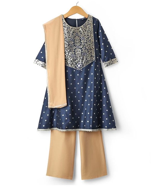Pine Kids Woven Three Fourth Sleeves Glitter Printed Kurti Salwar Set with Dupatta & Embroidery - Navy Blue