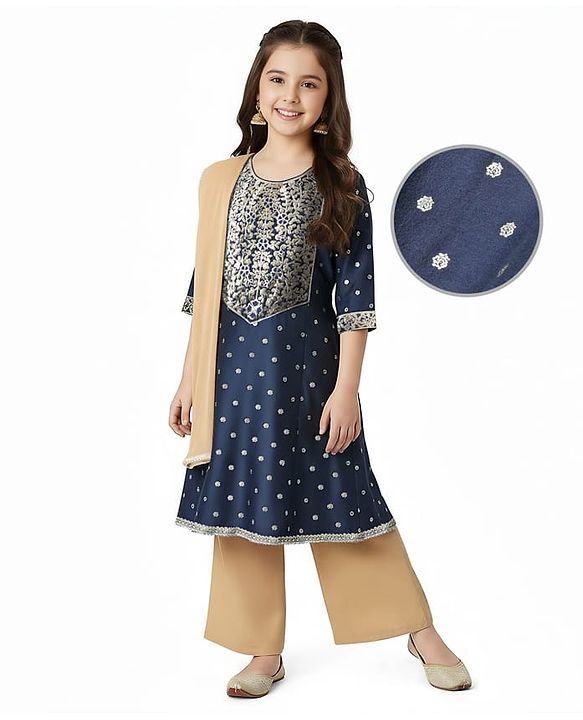 Pine Kids Woven Three Fourth Sleeves Glitter Printed Kurti Salwar Set with Dupatta & Embroidery - Navy Blue