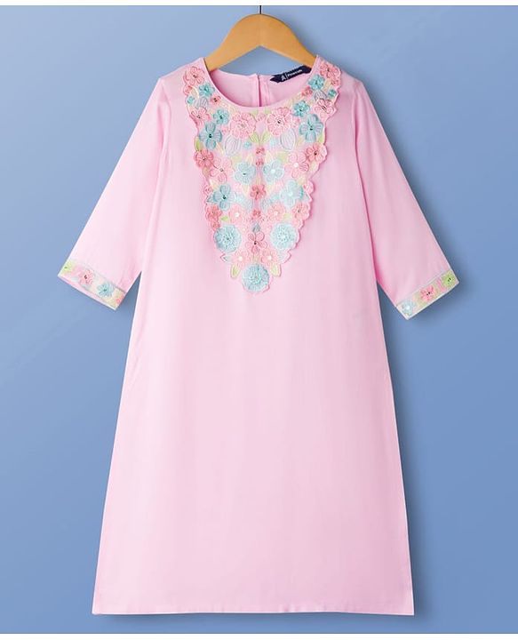Pine Kids Woven Three Fourth Sleeves Kurta Churidar & Dupatta Set With Floral Embriodery - Lilac