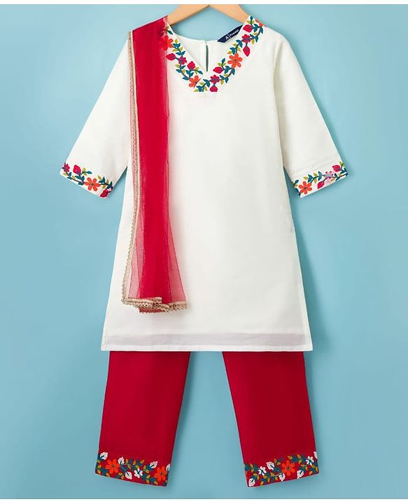 Pine Kids Woven Three Fourth Sleeves Floral Embroidered Kurti & Salwar Set with Dupatta - White & Red