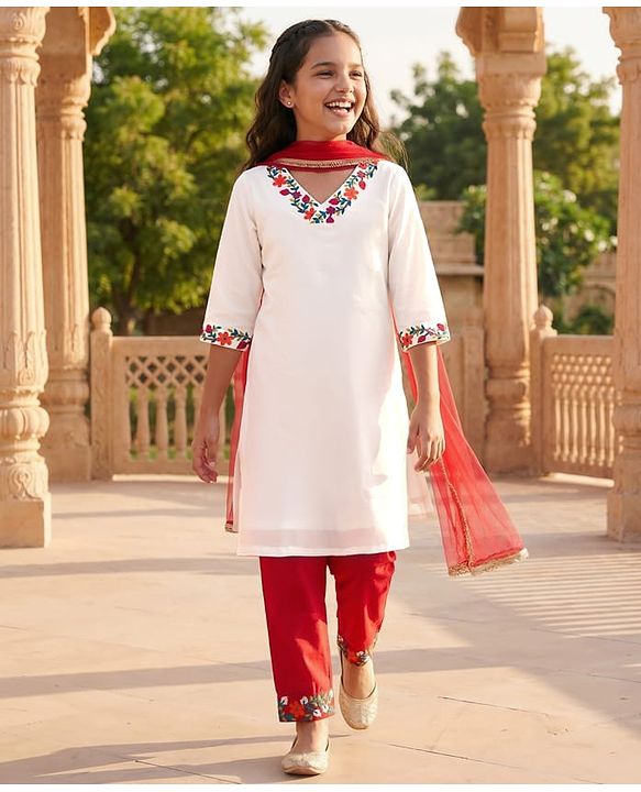 Pine Kids Woven Three Fourth Sleeves Floral Embroidered Kurti & Salwar Set with Dupatta - White & Red