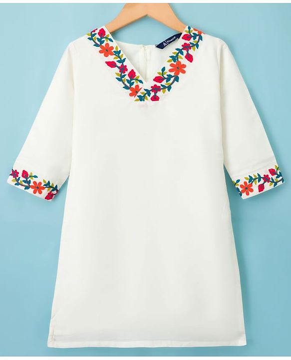 Pine Kids Woven Three Fourth Sleeves Floral Embroidered Kurti & Salwar Set with Dupatta - White & Red