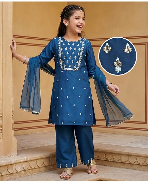 Pine Kids Woven Three Fourth Sleeves Kurti Chudidar Set with Dupatta & Floral Embroidery & Sequin Detailing - Navy Blue