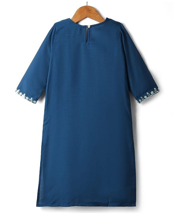 Pine Kids Woven Three Fourth Sleeves Kurti Chudidar Set with Dupatta & Floral Embroidery & Sequin Detailing - Navy Blue