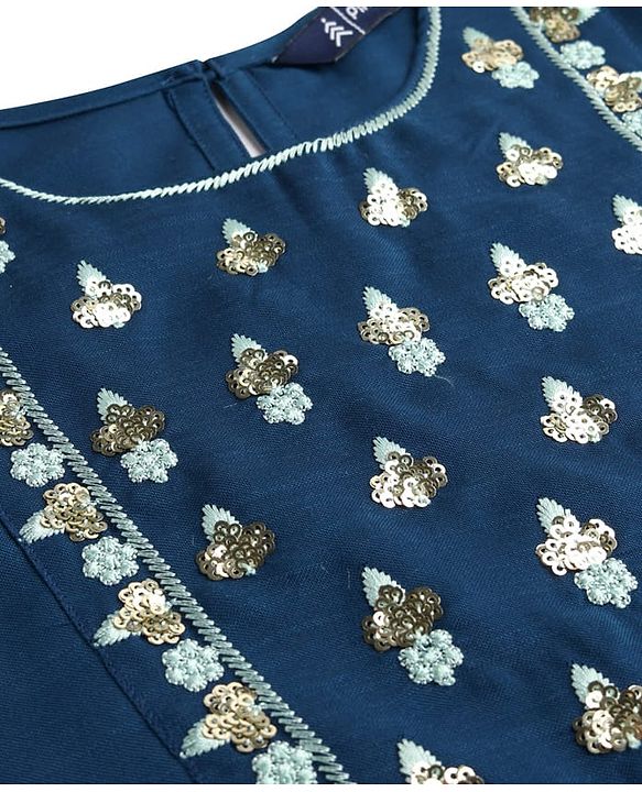 Pine Kids Woven Three Fourth Sleeves Kurti Chudidar Set with Dupatta & Floral Embroidery & Sequin Detailing - Navy Blue