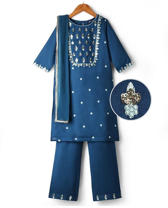 Pine Kids Woven Three Fourth Sleeves Kurti Chudidar Set with Dupatta & Floral Embroidery & Sequin Detailing - Navy Blue