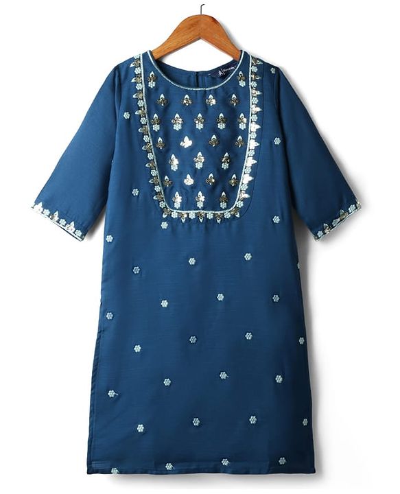 Pine Kids Woven Three Fourth Sleeves Kurti Chudidar Set with Dupatta & Floral Embroidery & Sequin Detailing - Navy Blue