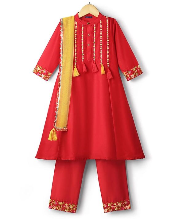 Pine Kids Woven Three Fourth Sleeves Kurta Churidar & Dupatta Set With Embriodery - Red