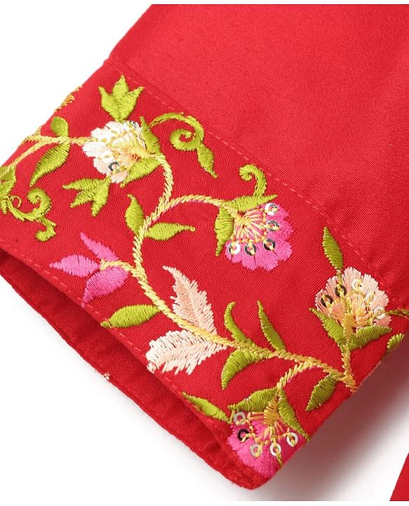 Pine Kids Woven Three Fourth Sleeves Kurta Churidar & Dupatta Set With Embriodery - Red