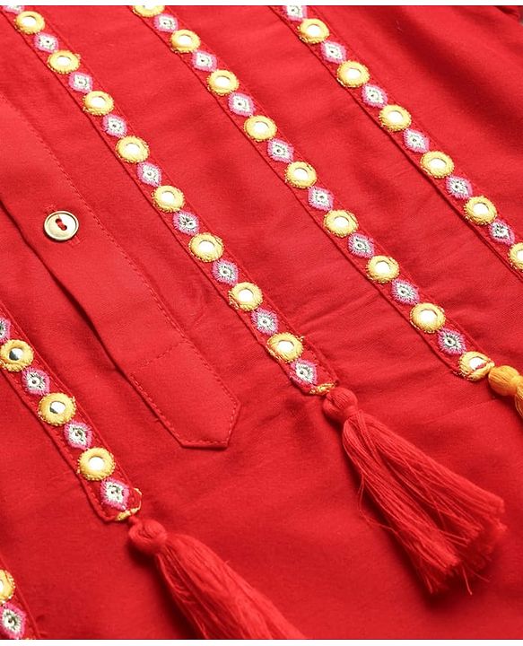 Pine Kids Woven Three Fourth Sleeves Kurta Churidar & Dupatta Set With Embriodery - Red