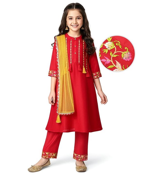 Pine Kids Woven Three Fourth Sleeves Kurta Churidar & Dupatta Set With Embriodery - Red