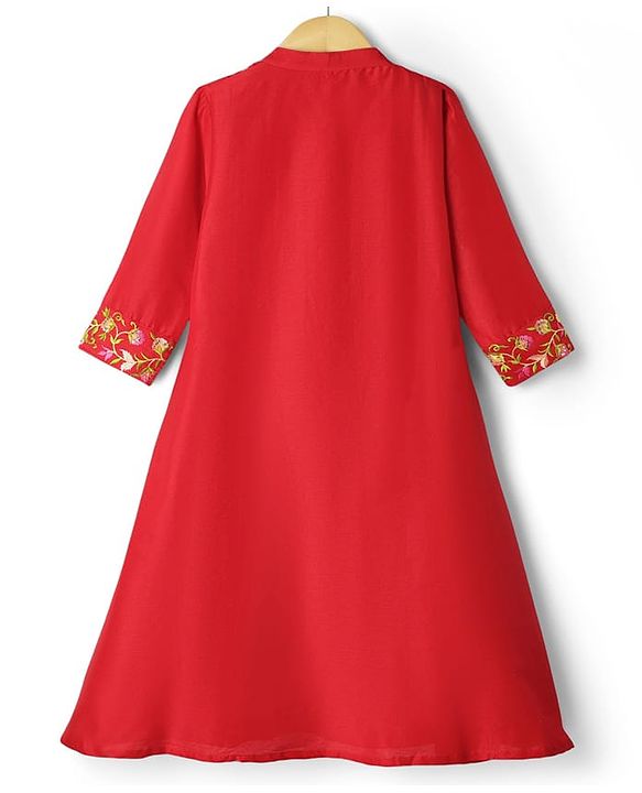 Pine Kids Woven Three Fourth Sleeves Kurta Churidar & Dupatta Set With Embriodery - Red