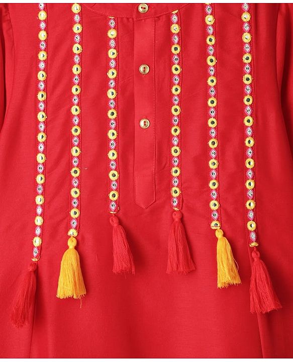Pine Kids Woven Three Fourth Sleeves Kurta Churidar & Dupatta Set With Embriodery - Red