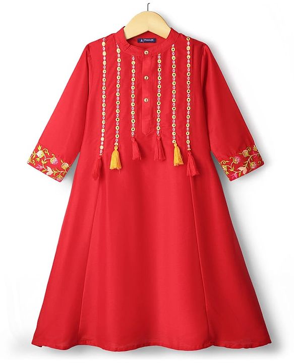 Pine Kids Woven Three Fourth Sleeves Kurta Churidar & Dupatta Set With Embriodery - Red