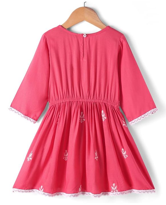 Pine Kids Woven Three Fourth Sleeves Kurti Palazzo Set with Dupatta & Floral Embroidery - Pink