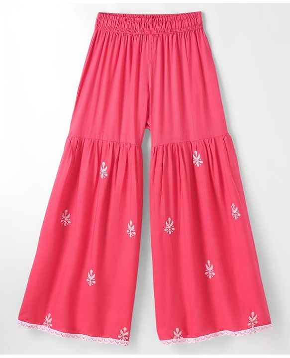 Pine Kids Woven Three Fourth Sleeves Kurti Palazzo Set with Dupatta & Floral Embroidery - Pink