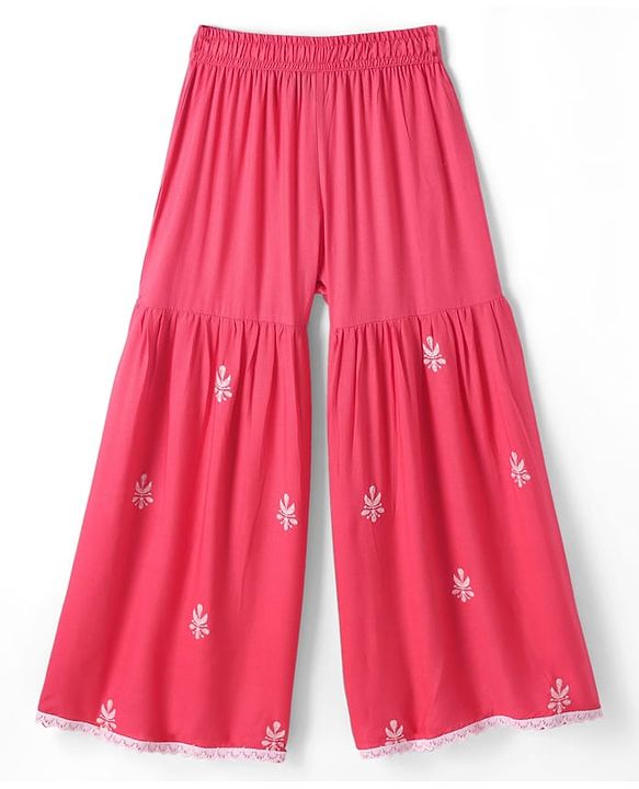 Pine Kids Woven Three Fourth Sleeves Kurti Palazzo Set with Dupatta & Floral Embroidery - Pink