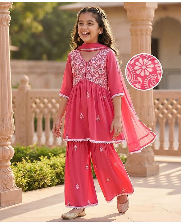 Pine Kids Woven Three Fourth Sleeves Kurti Palazzo Set with Dupatta & Floral Embroidery - Pink