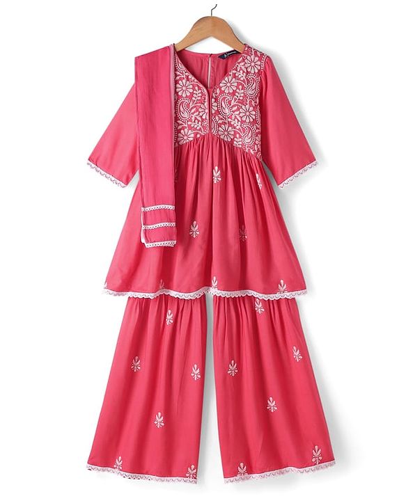 Pine Kids Woven Three Fourth Sleeves Kurti Palazzo Set with Dupatta & Floral Embroidery - Pink