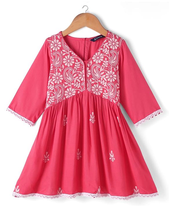 Pine Kids Woven Three Fourth Sleeves Kurti Palazzo Set with Dupatta & Floral Embroidery - Pink