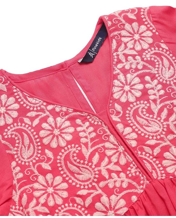 Pine Kids Woven Three Fourth Sleeves Kurti Palazzo Set with Dupatta & Floral Embroidery - Pink