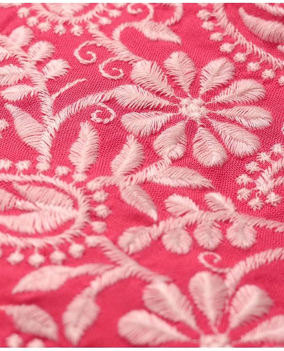 Pine Kids Woven Three Fourth Sleeves Kurti Palazzo Set with Dupatta & Floral Embroidery - Pink