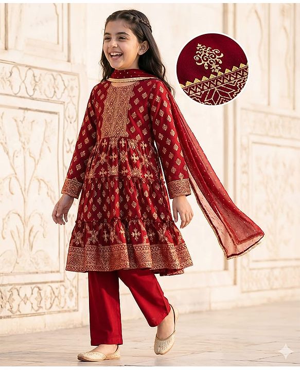 Pine Kids Three Fourth Bell Sleeves Indo western Sets with Jacket Embroidery & Sequin Detailing - Maroon