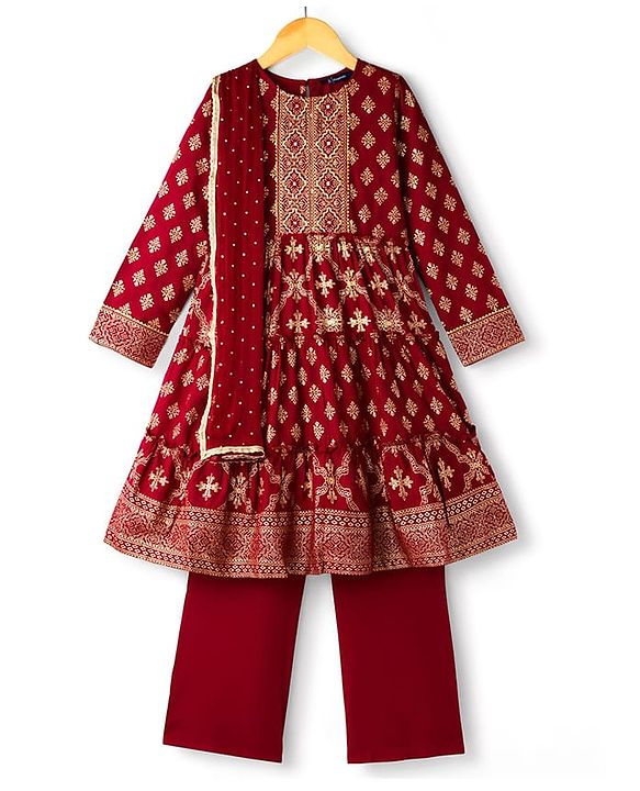 Pine Kids Three Fourth Bell Sleeves Indo western Sets with Jacket Embroidery & Sequin Detailing - Maroon
