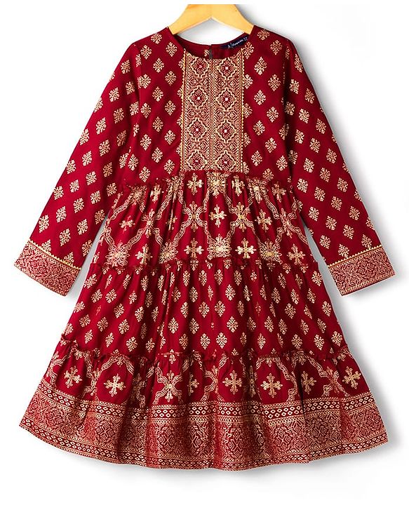 Pine Kids Three Fourth Bell Sleeves Indo western Sets with Jacket Embroidery & Sequin Detailing - Maroon