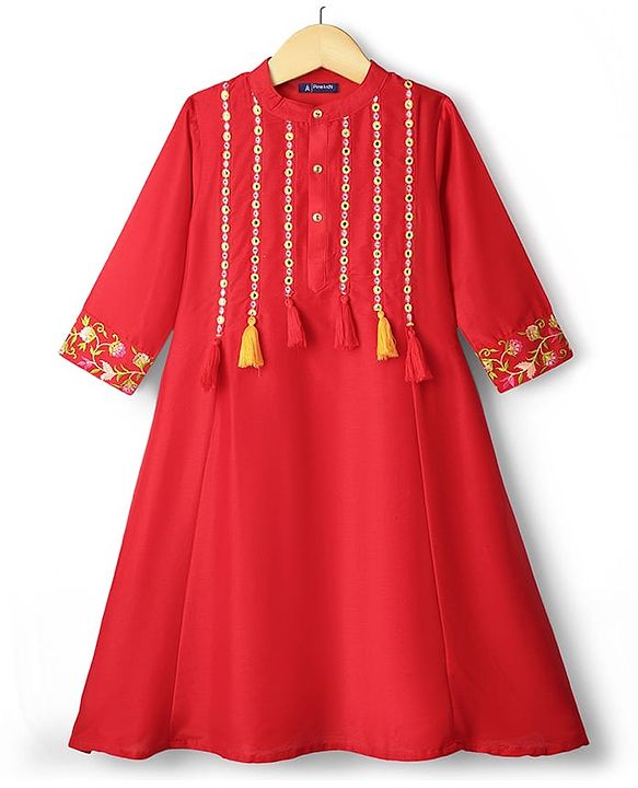 Pine Kids Woven Three Fourth Sleeves Kurti & Churidar Set With Dupatta Floral Embroidery & Pom Pom Detailing - Red
