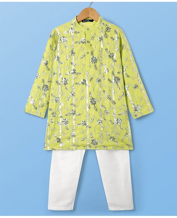 Pine Kids Woven Full Sleeves Kurta Pajama Set With Floral Embroidery & Sequin Detailing - Yellow & White